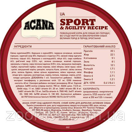 Acana Sport & Agility Recipe 11.4 кг | Сухий корм для собак, фото 2