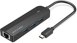 Хаб USB 3.1 Type-C -> 3xUSB 3.0+MicroUSB+RJ45 100M Ethernet чорний Vention