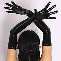 Длинные глянцевые виниловые перчатки черного цвета 50 см из эко кожи