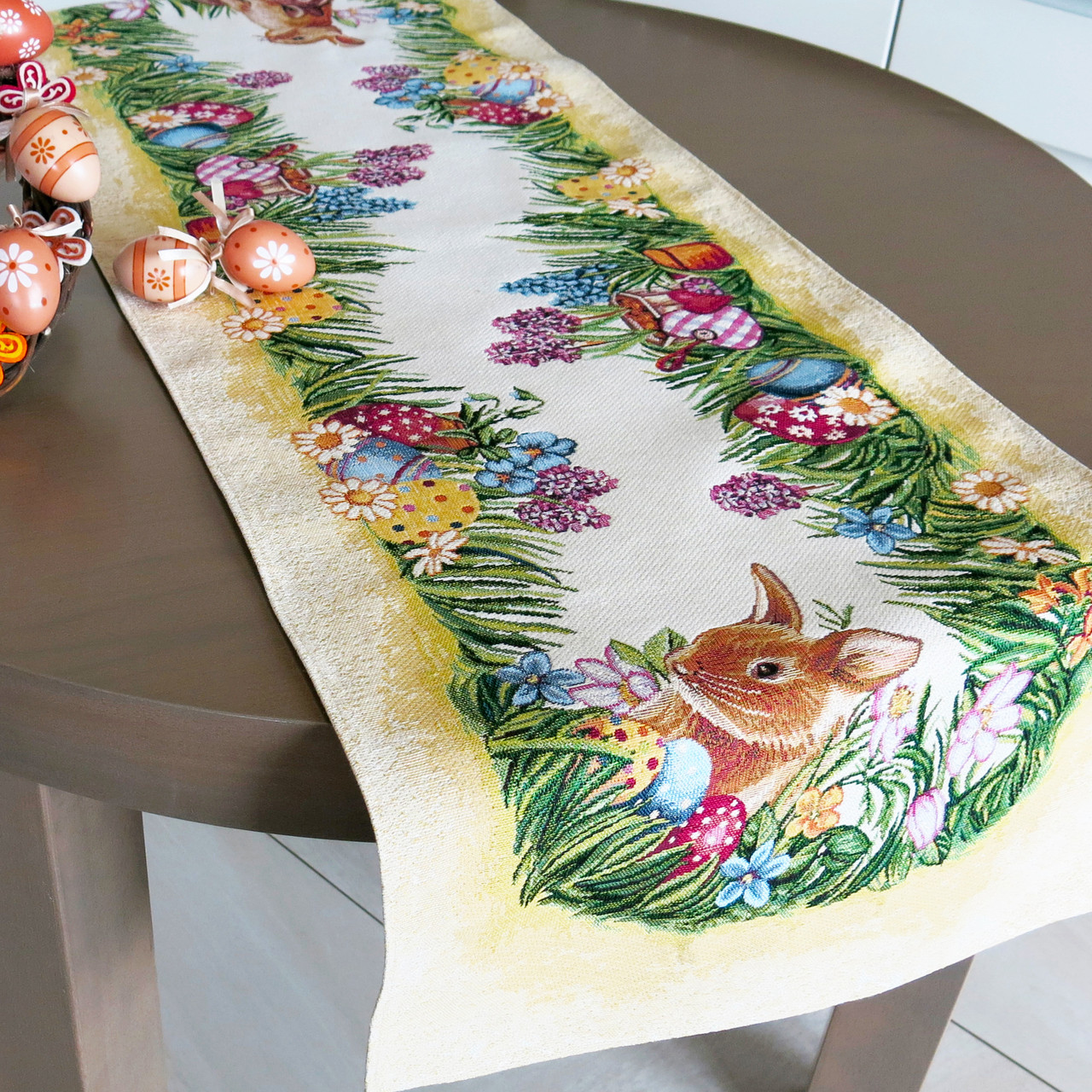 Ранер на стіл з іспанського гобелену великодня декоративна доріжка Пасхальна з "зайчиками"