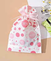 Пакет для подарков и сладостей розовый с рисунком круги Good полиэтиленовый с лентой затяжкой 23х12 см
