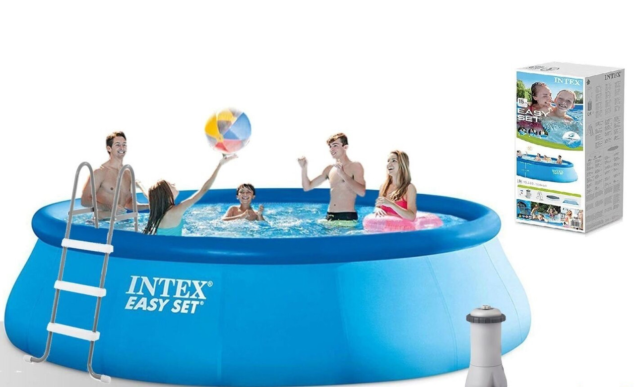 Басейн надувний 26166 NP Intex об'єм-12430л, фільтр+насос, 457х107см (3785л/рік, драбина, тент, підстилка)