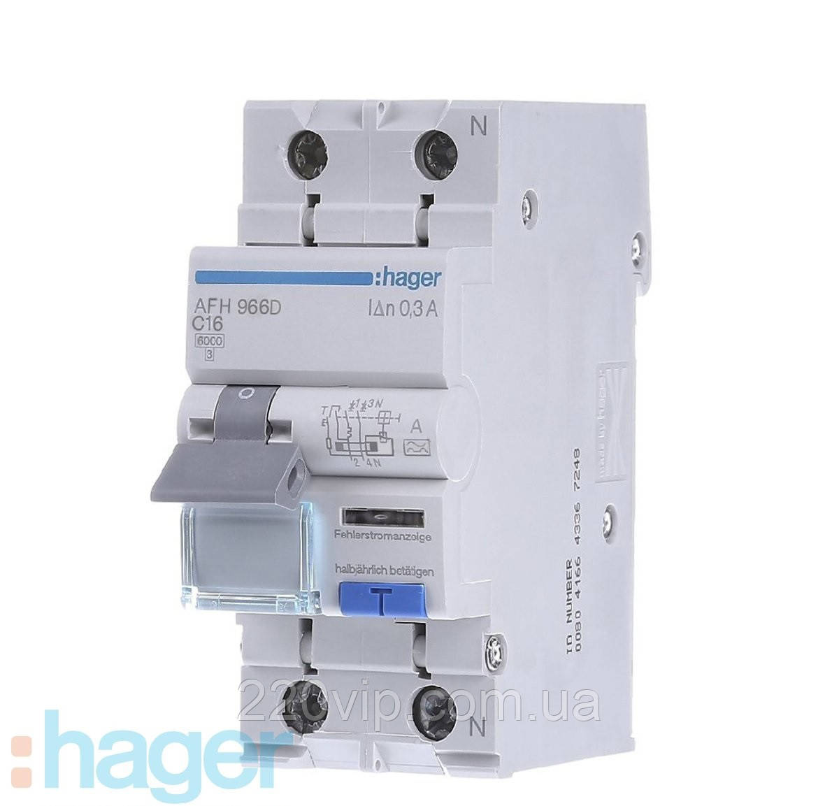 Дифавтомат HAGER 1P+N, 20A С, 300mA, тип A 6kA AFA970D Хагер Диференціальний автоматичний вимикач, АВДТ