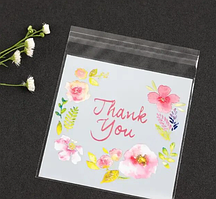 Пакети з липкою стрічкою поліпропіленові Thank you фасувальні прозорі 10 шт 10х10х3 см пластикові для печива, частувань