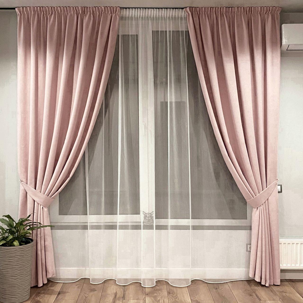 Комплект штори 2 шт. з підхватами 200х250 см мікровелюр Світло-рожевий, тюль бамбук 300 см Тепло-білий, фото 1