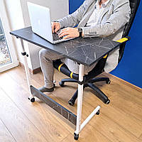 Стіл для ноутбука на коліщатках з регулюванням висоти, 80х40см, Мармур на білому каркасі