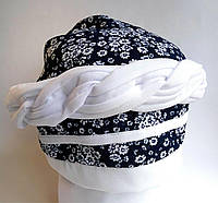Чалма Тюрбан бандана платок на голову Шапка женская косами цветочный принт весна лето Синяя с белым