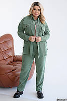 Вельветовий жіночий костюм сорочка вільного крою та штани кольору олива великого розміру / батал 48-50