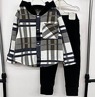 Костюм двойка детский, подростковый, теплый, кофта с капюшоном клетчатая, штаны, Серый, 122-128