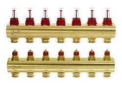 Розподільний колектор Danfoss FHF-F, 7+7 контурів, з ротаметрами, латунь (088U0527)