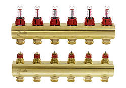 Розподільний колектор Danfoss FHF-F, 6+6 контурів, з ротаметрами, латунь (088U0526)