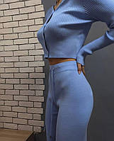 Женский базовый прогулочный костюм плотный рубчик кофта топ на пуговицах и широкие штаны палаццо Турция Голубой, 42/44