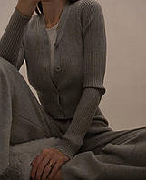 Женский базовый прогулочный костюм плотный рубчик кофта топ на пуговицах и широкие штаны палаццо Турция Серый, 42/44