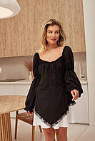 Женское платье мини с корсетом по спинке и кружевом, черное