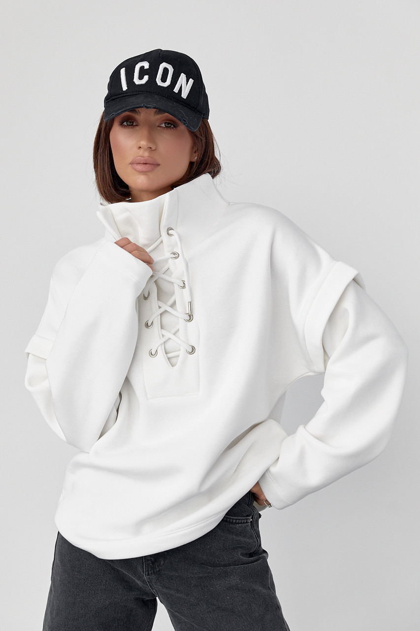 Теплий світшот зі шнурівкою на горловині молочний, фото 1