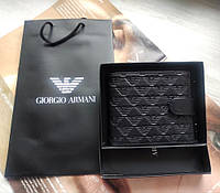 Чоловічий шкіряний чорний гаманець Armani з фірмовим пакетом