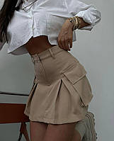 Женская юбка-шорты мини, с завышенной талией, бежевая
