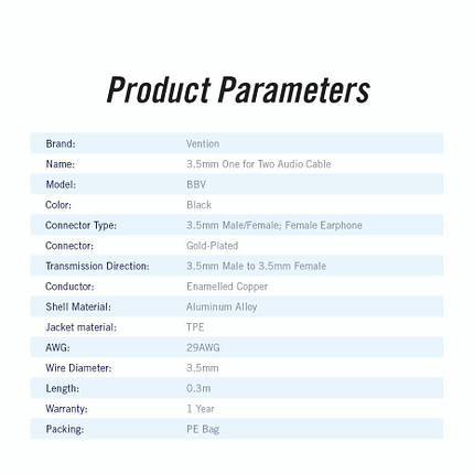Кабель Audio 3.5 мм-3.5мм Vention 4pin 2xF/M TPE headset+earphone 0.3 m Black (BBVBY), фото 2