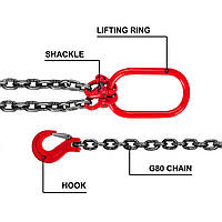 Строп вантажопідйомний ланцюговий VEVOR - 2/5 дюйма x 5 футів з подвійною ніжкою зі сталевим гаком - Клас 80