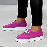 Рожеві замшеві демі туфлі на шнурівці натуральна замша на білій підошві взуття жіноче