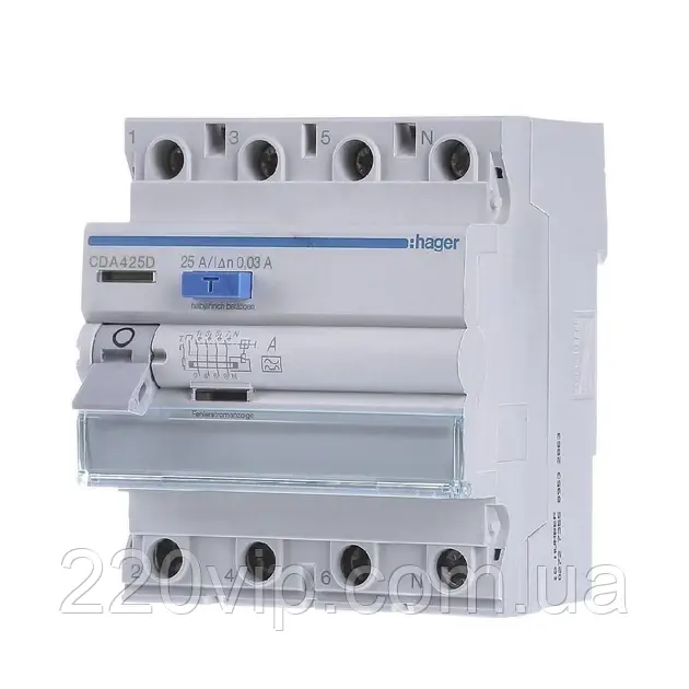 ПЗВ HAGER чотириполюсне 4P, 25A, 30 mA, тип A, CDA425D, Хагер диференціальний реле пристрій захисного відкл, фото 1
