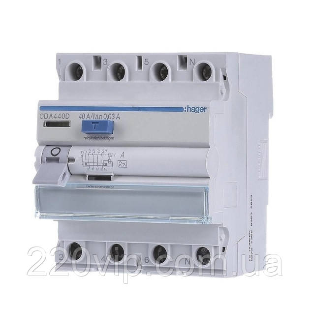 ПЗВ HAGER чотириполюсне 4P, 40A, 30 mA, тип A, CDA440D, Хагер диференціальний реле пристрій захисного відкл, фото 1