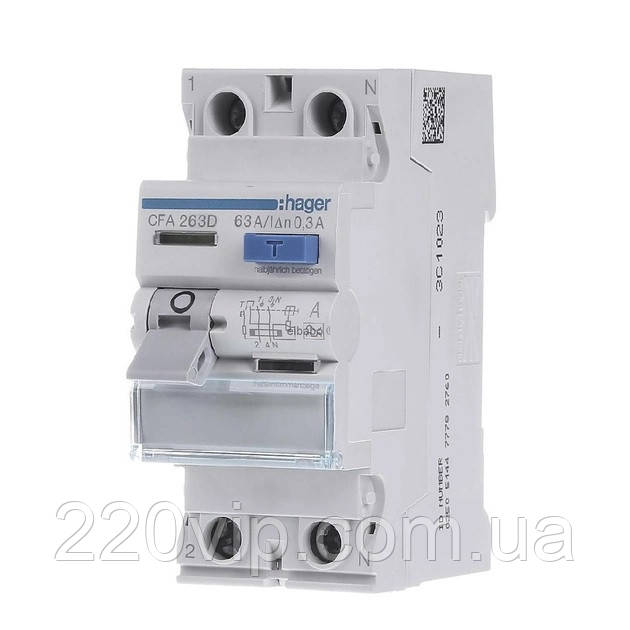 ПЗВ HAGER двополюсне 2P, 63A, 300 mA, тип A, CFA263D, Хагер диференціальне реле, пристрій захисного відклеювання, фото 1
