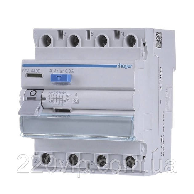 ПЗВ HAGER чотириполюсне 4P, 40A, 300mA, тип A, CFA440D Хагер диференціальний реле пристрій захисного відкл, фото 1