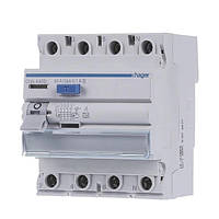 ПЗВ HAGER 4P, 40A, 100mA, тип A S, CNA440D, Хагер диференціальне реле, пристрій захисного вимкнення