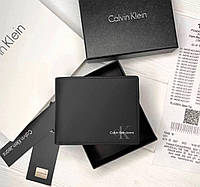 Кошелек мужской брендовый гладкая кожа Calvin Klein портмоне из натуральной кожи черный в подарочной упаковке