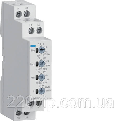 Реле контролю напруги та фаз, 1P+N/3P+N, Hager EUM100, 1 перекидний контакт, Хагер модульне реле, фото 1