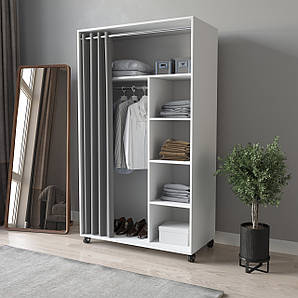 Пересувний передпокій оздоблений шторкою зі штангою та поличками на колесах з ЛДСП