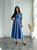 Женское синее повседневное платье миди с пышной юбкой батал