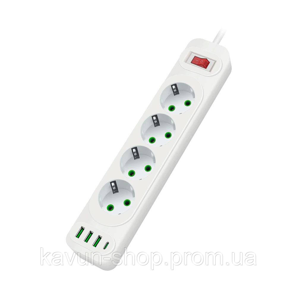Сетевой фильтр F24U, 4 розетки EU + 3 USB + PD, кнопка включения с индикатором, 2 м, 3х0,75мм, 2500W, White, - фото 1 - id-p2131086270