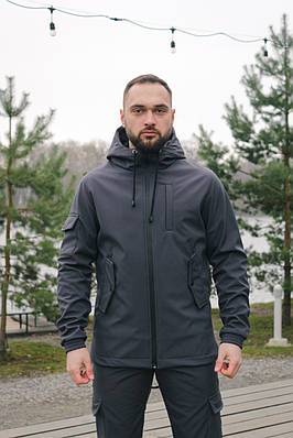 Чоловіча куртка з капюшоном Softshell сіра демісезонна Розміри: S, M, L, XL, XXL, XXXL