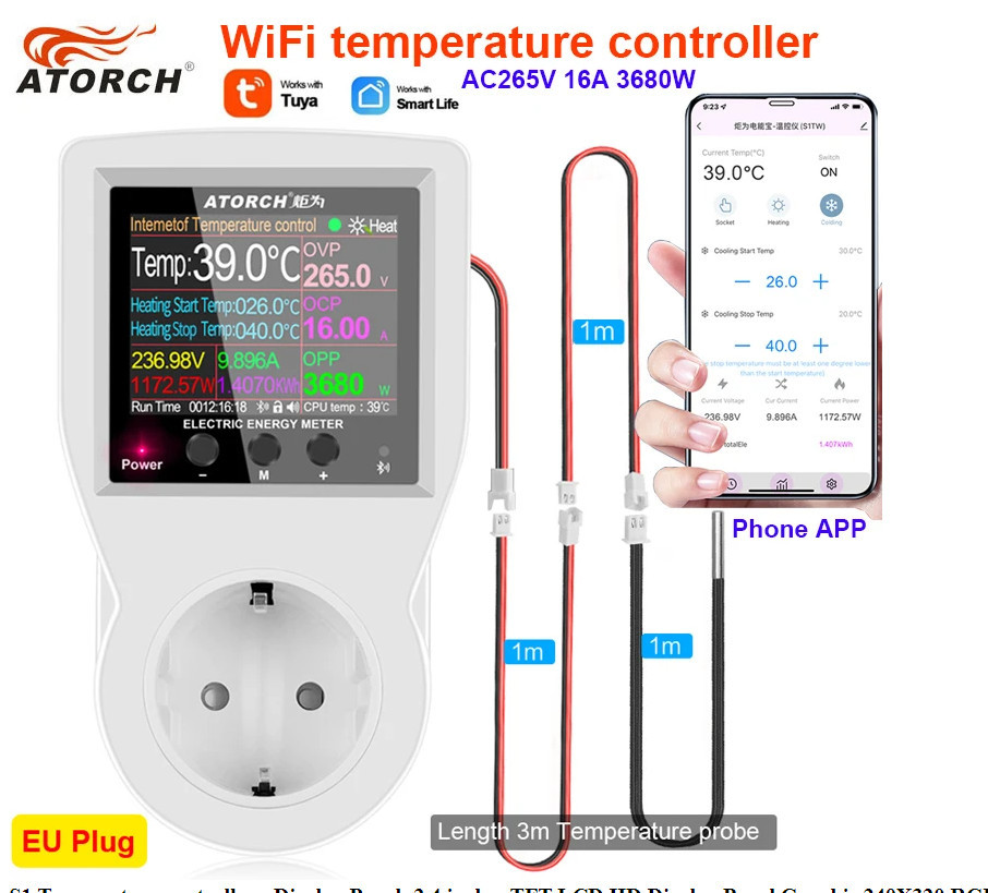 Смарт-розетка Atorch S1-WiFi термостат, Лічильник електроенергії, Ватметр AC 220V 10 А