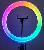 Кільцева світлодіодна лампа кольорова (мультиколор) RGB 3D 36cм + штатив 2,1м + Кнопка BT, Набір Блогера, фото 3