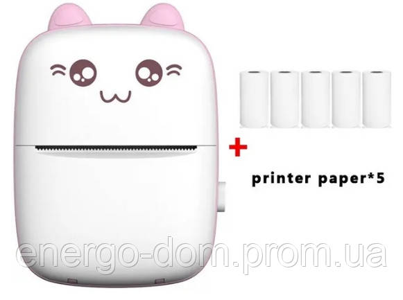 Портативний дитячий міні принтер Mini printer з термодруком Котик рожевий 1+5 рулонів паперу