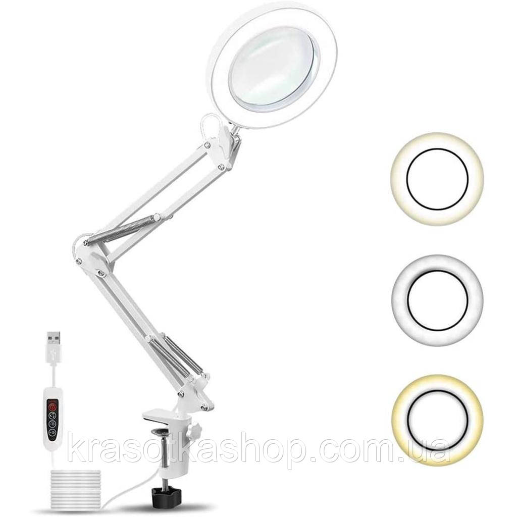 Настільна LED лампа лупа з підсвічуванням (живлення від USB) з 5Х збільшувальним склом, біла, фото 1