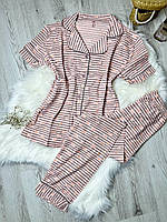 Легка жіноча бавовняна піжама Seyko набір сорочка і штани рожевий в смужку з принтом S