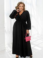 Черное длинное платье на запах с длинным рукавом вечернее большого размера костюмка однотонное