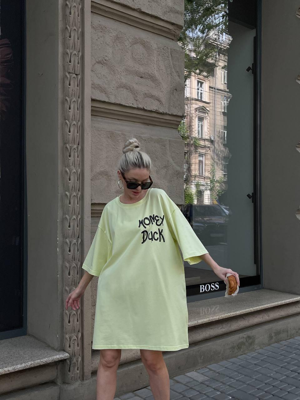 Жовта жіноча стильна натуральна бавовняна сукня-футболка вільного крою oversize з якісним принтом, фото 1