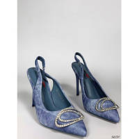 Женские текстильные туфли на шпильке с открытой пяткой спереди с брошкой