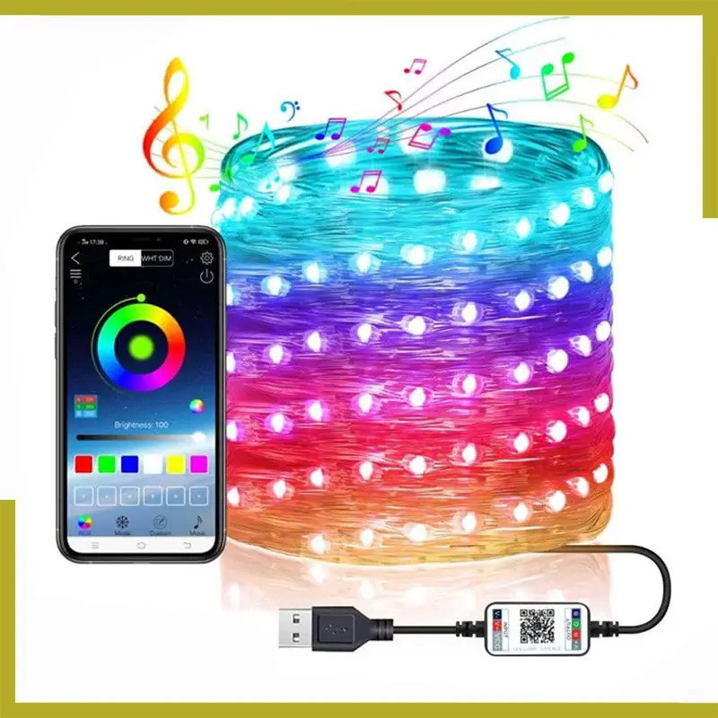 Смарт гирлянда USB 10 метров Bluetooth RGB светодиодная нить 0.1 ll - фото 1 - id-p1804979831