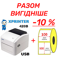 Принтер этикеток Xprinter XP-420B, 203dpi + Термоетикетка Еко 100 х 100 х 500шт для Нової Пошти