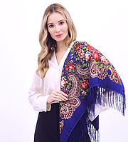 Женский платок народный, народный украинский платок, патриотичный платок, платок с тороками, синий 90 см