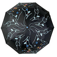 Зонтик черный с цветами и серебром внутри голубая ручка