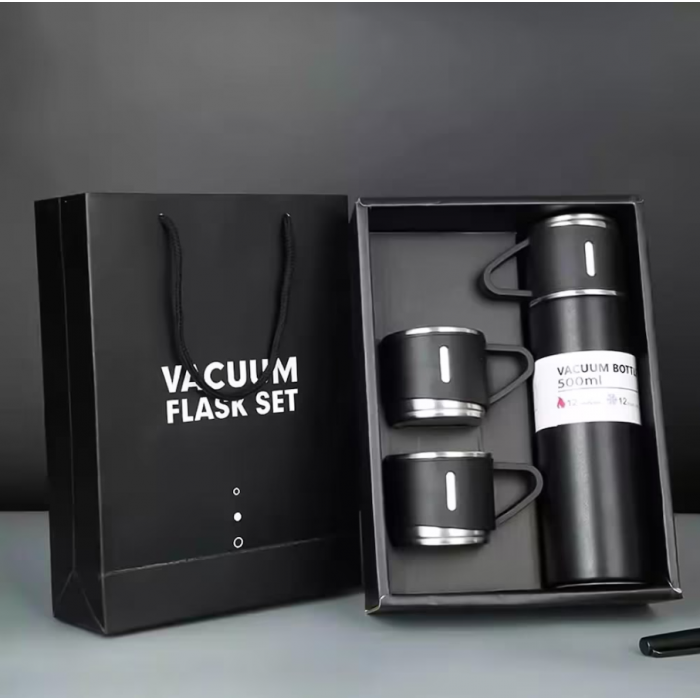 Подарунковий набір Vacuum Flask SET вакуумний термос із неіржавкої сталі 3 чашки Чорний