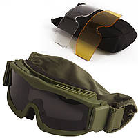 Ударопрочная тактическая маска Олива с тремя сменными линзами  (толщина линз 3мм) маска очки svitloochey