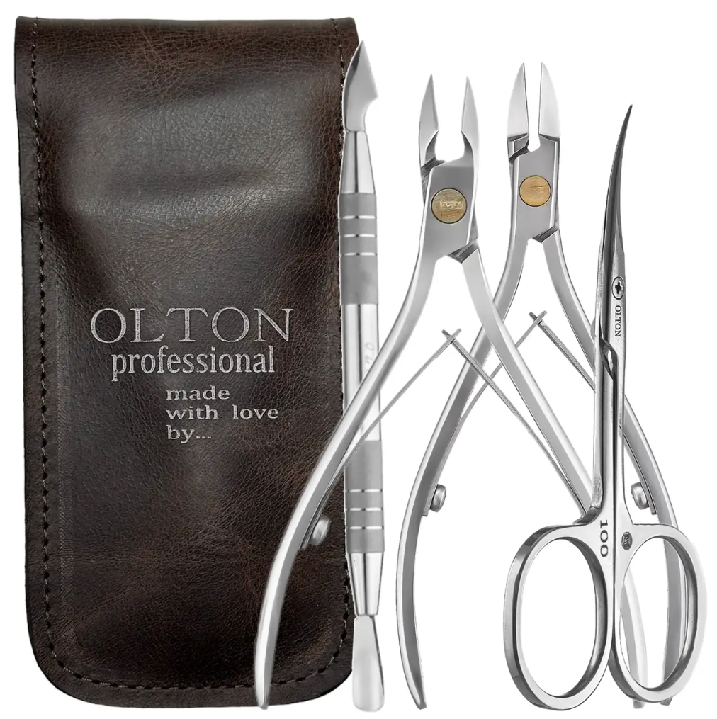 Маникюрный набор Olton (Накожницы M, Кусачки для ногтей XS, Ножницы 100 мм, Лопатка-топорик, кожаный чехол )